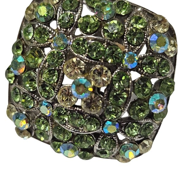 Vintage Rhinestone Square Cocktail Ring Adjustable Green Blue Stones Silver Tone - Picture 2 of 5